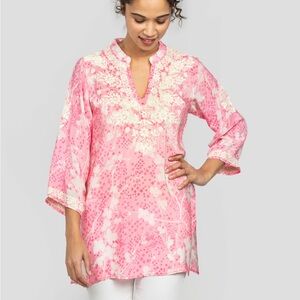 Amaya Pink Floral Embroidered Tunic Top 3/4 Lace Sleeve V-Neck Boho Resort Wear